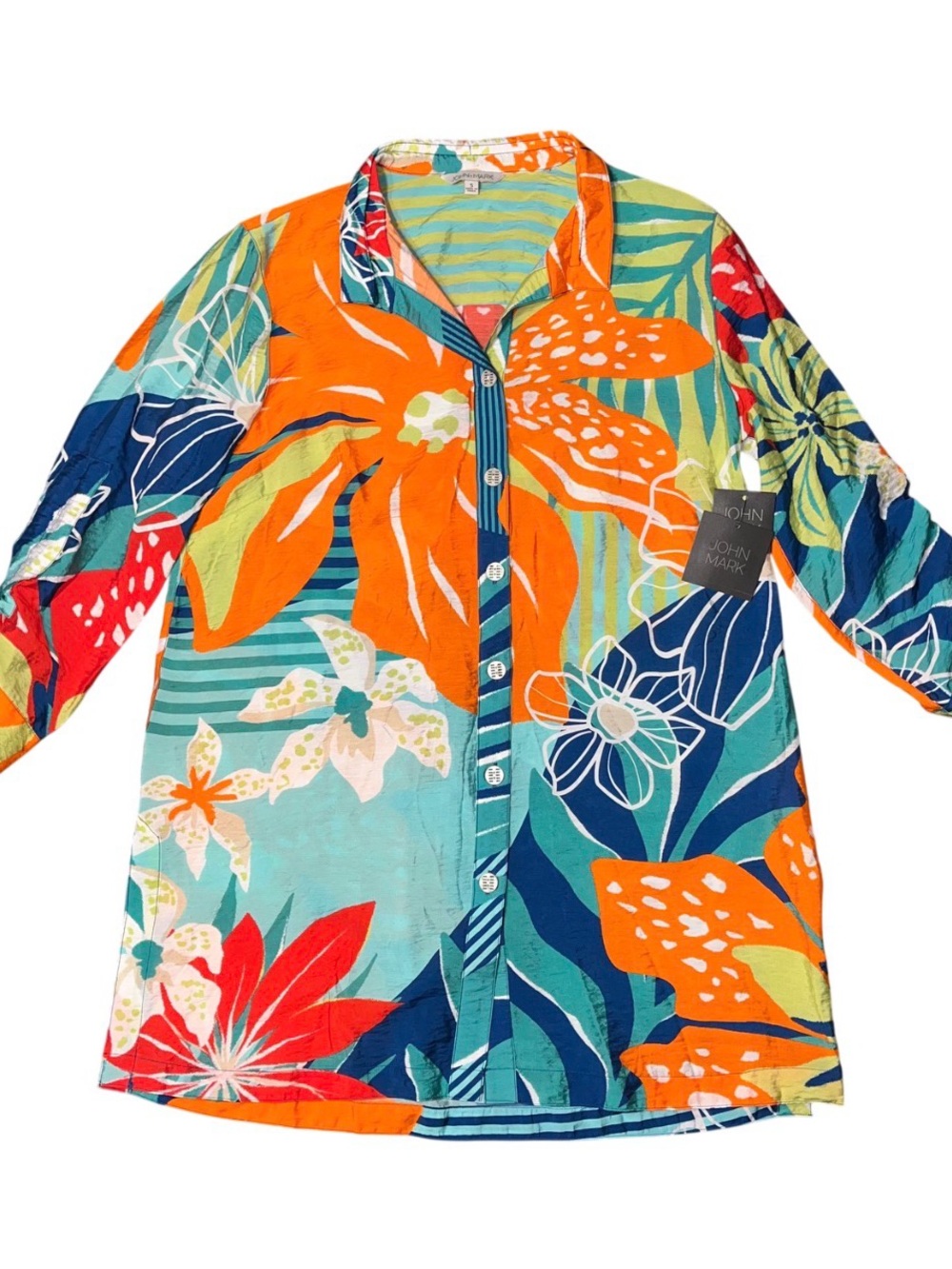 John Mark Boho Floral Button Up Blouse Blue Orange Collar Ladies Small NWT Tie